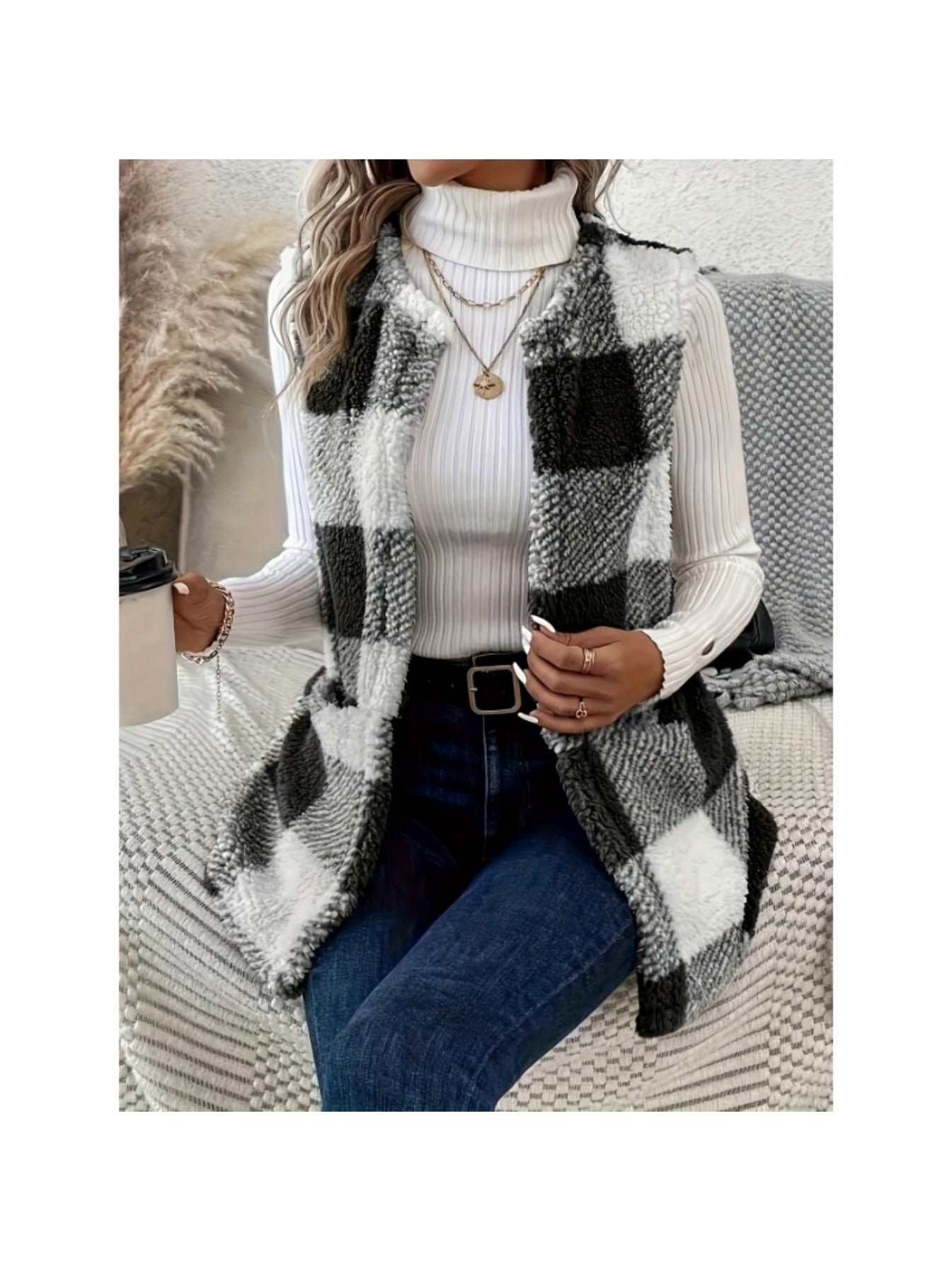 imms1k-9f - Womens Cozy Plaid Fuzzy Vest with Convenient Pockets