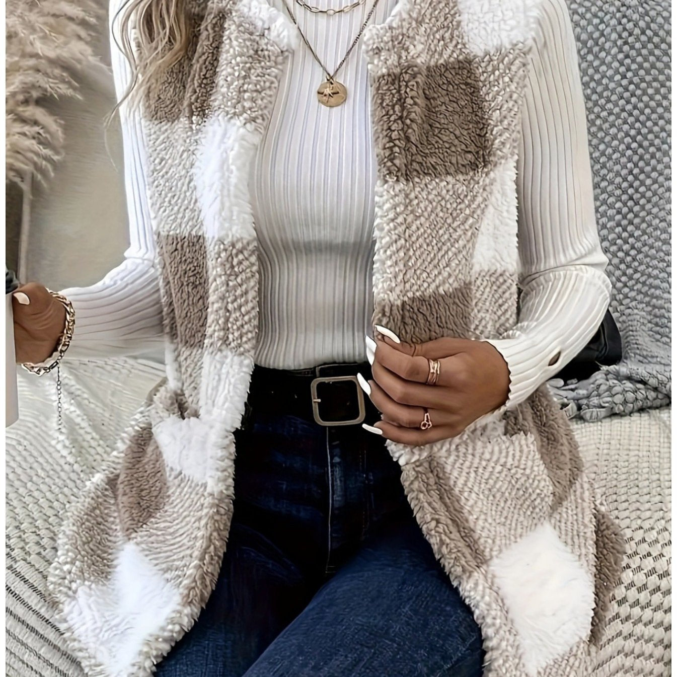 imms1k-9f - Womens Cozy Plaid Fuzzy Vest with Convenient Pockets Khaki