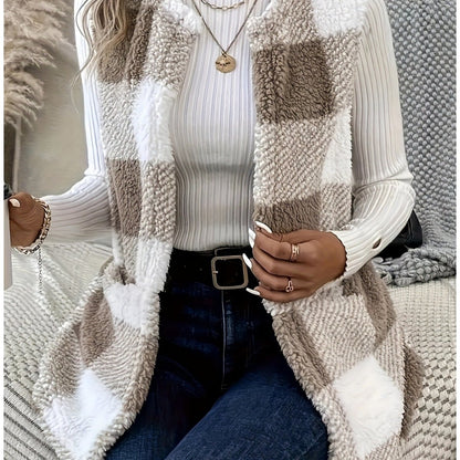 imms1k-9f - Womens Cozy Plaid Fuzzy Vest with Convenient Pockets Khaki