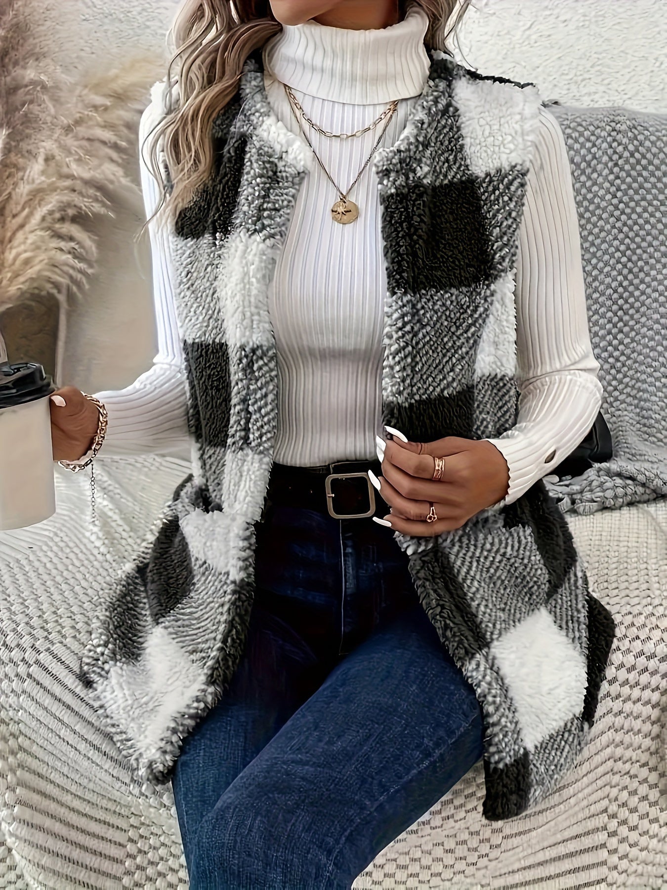 imms1k-9f - Womens Cozy Plaid Fuzzy Vest with Convenient Pockets