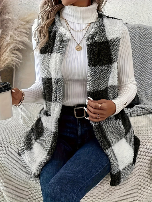 imms1k-9f - Womens Cozy Plaid Fuzzy Vest with Convenient Pockets