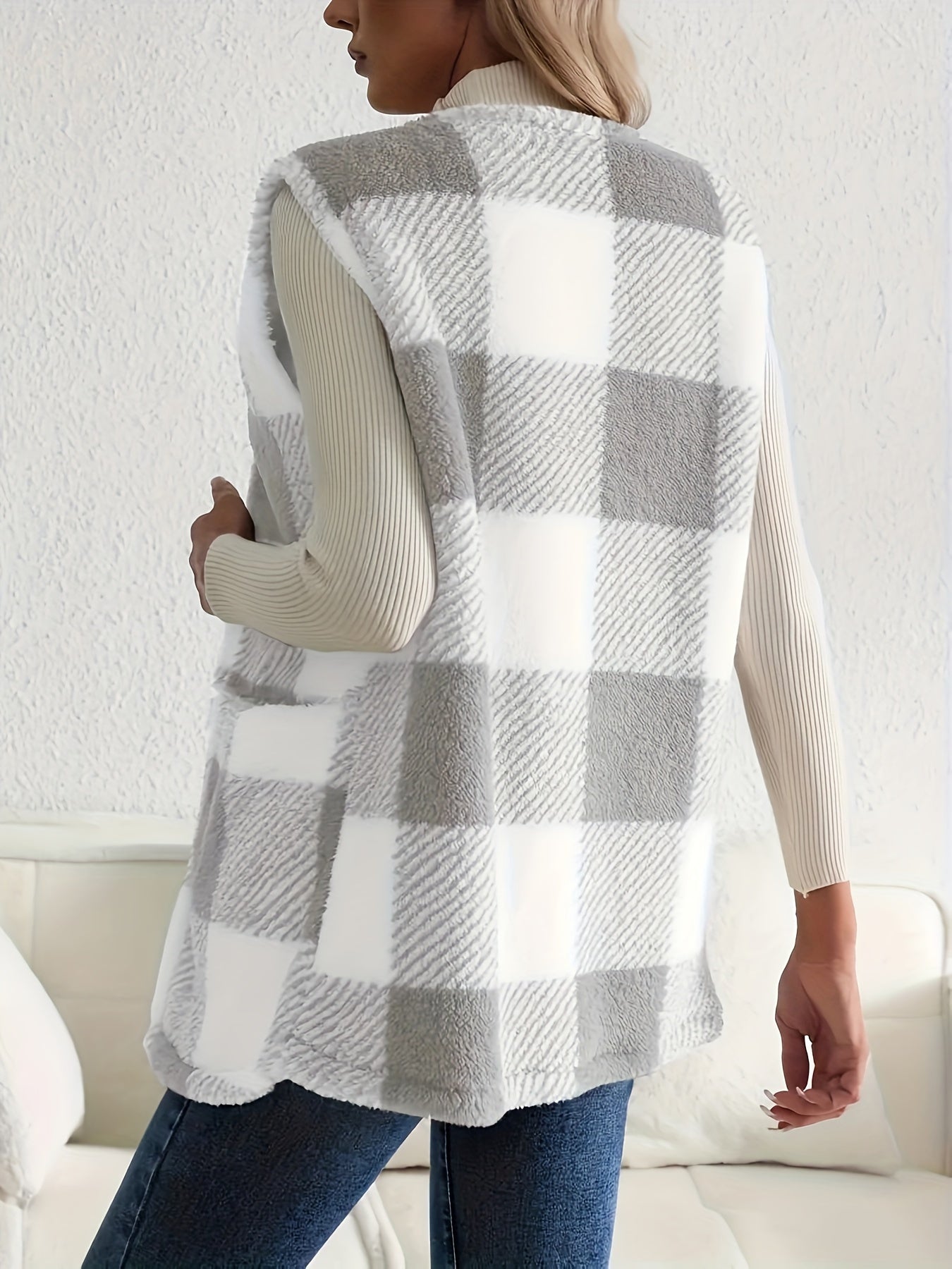imms1k-9f - Womens Cozy Plaid Fuzzy Vest with Convenient Pockets