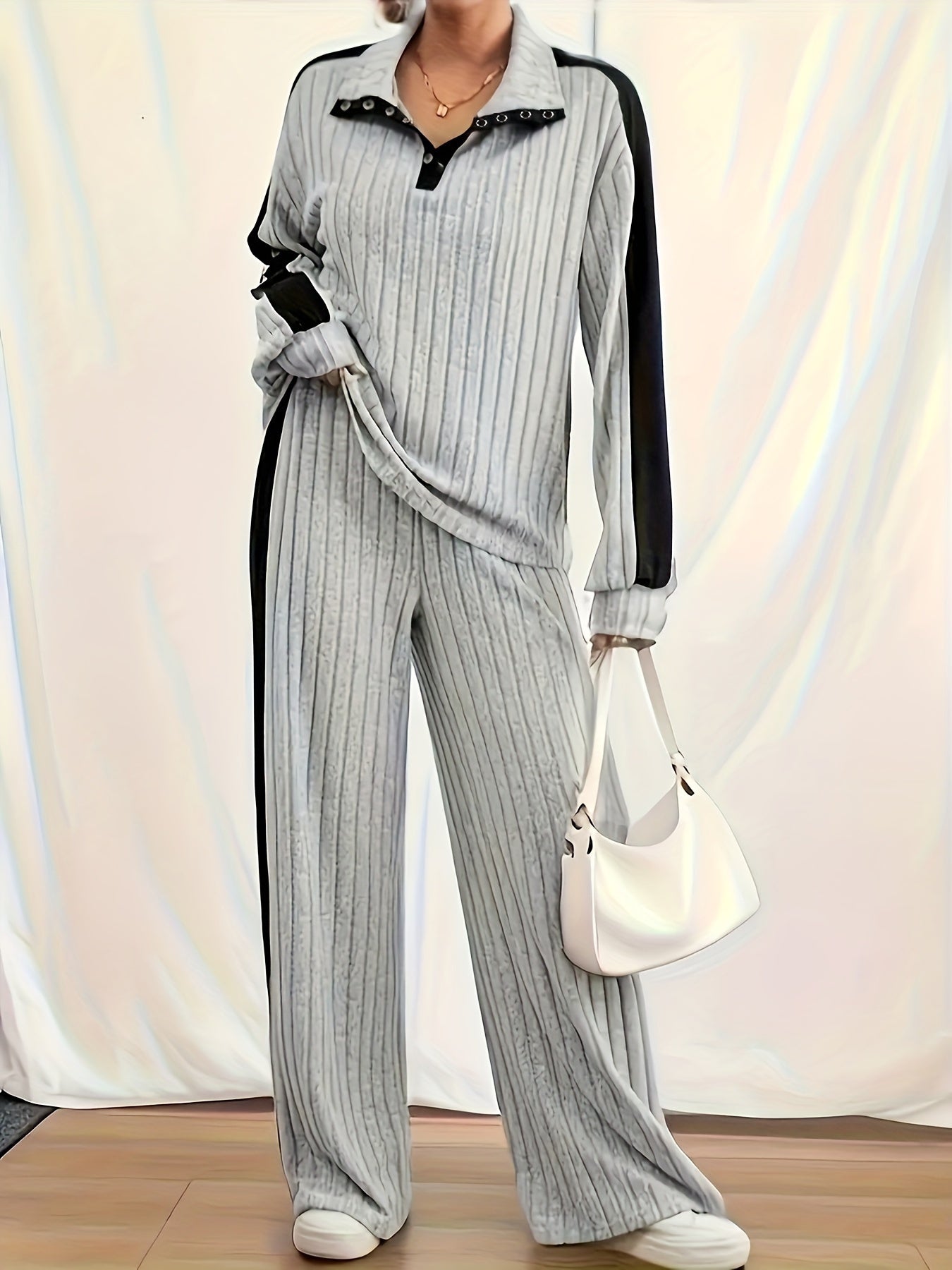 imms1k-9f - Chic Womens Ribbed TwoPiece Suit With Unique Neckline