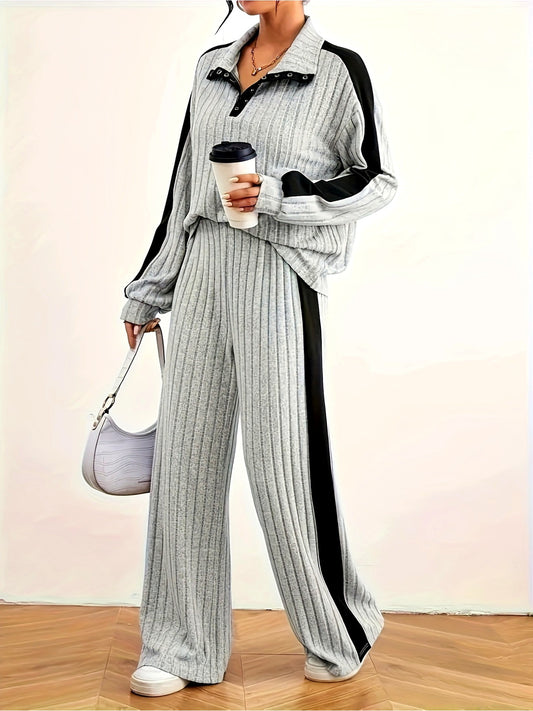imms1k-9f - Chic Womens Ribbed TwoPiece Suit With Unique Neckline