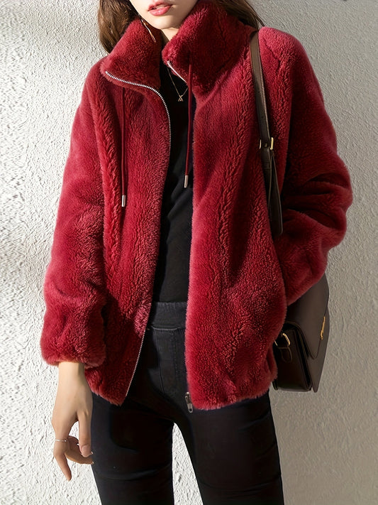 imms1k-9f - AllSeason Cozy Faux Fur ZipUp Jacket with Stand Collar