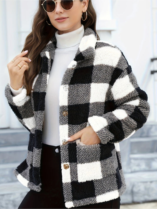 imms1k-9f - Womens Plaid Patchwork ButtonUp Coat with Pockets