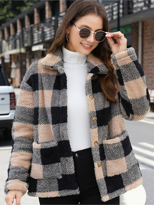 imms1k-9f - Womens Plaid Patchwork ButtonUp Coat with Pockets