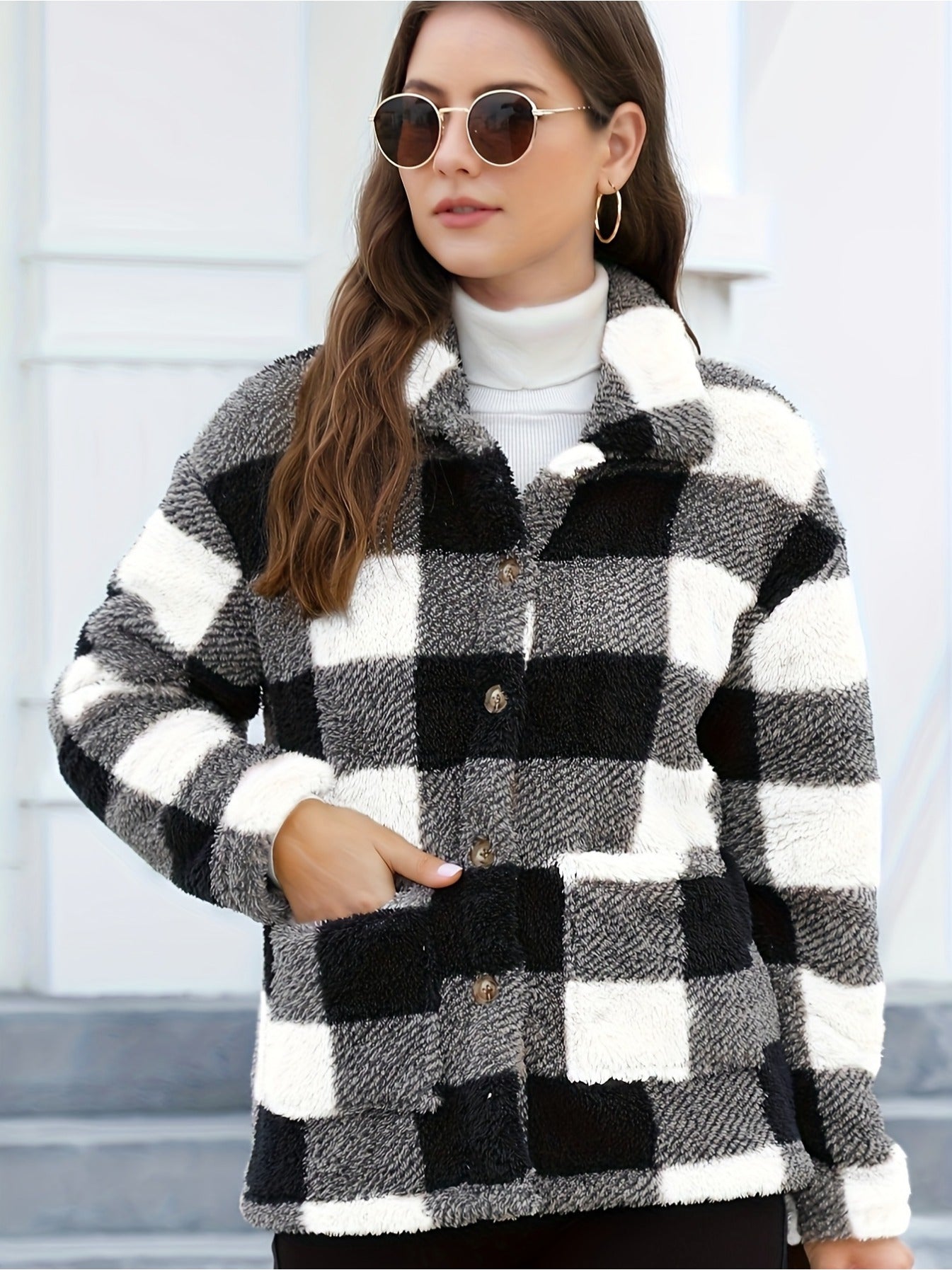 imms1k-9f - Womens Plaid Patchwork ButtonUp Coat with Pockets