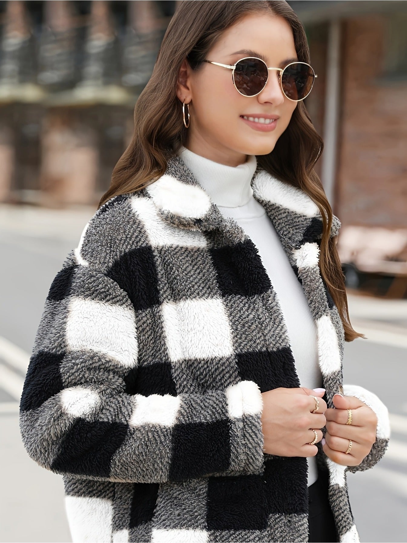 imms1k-9f - Womens Plaid Patchwork ButtonUp Coat with Pockets