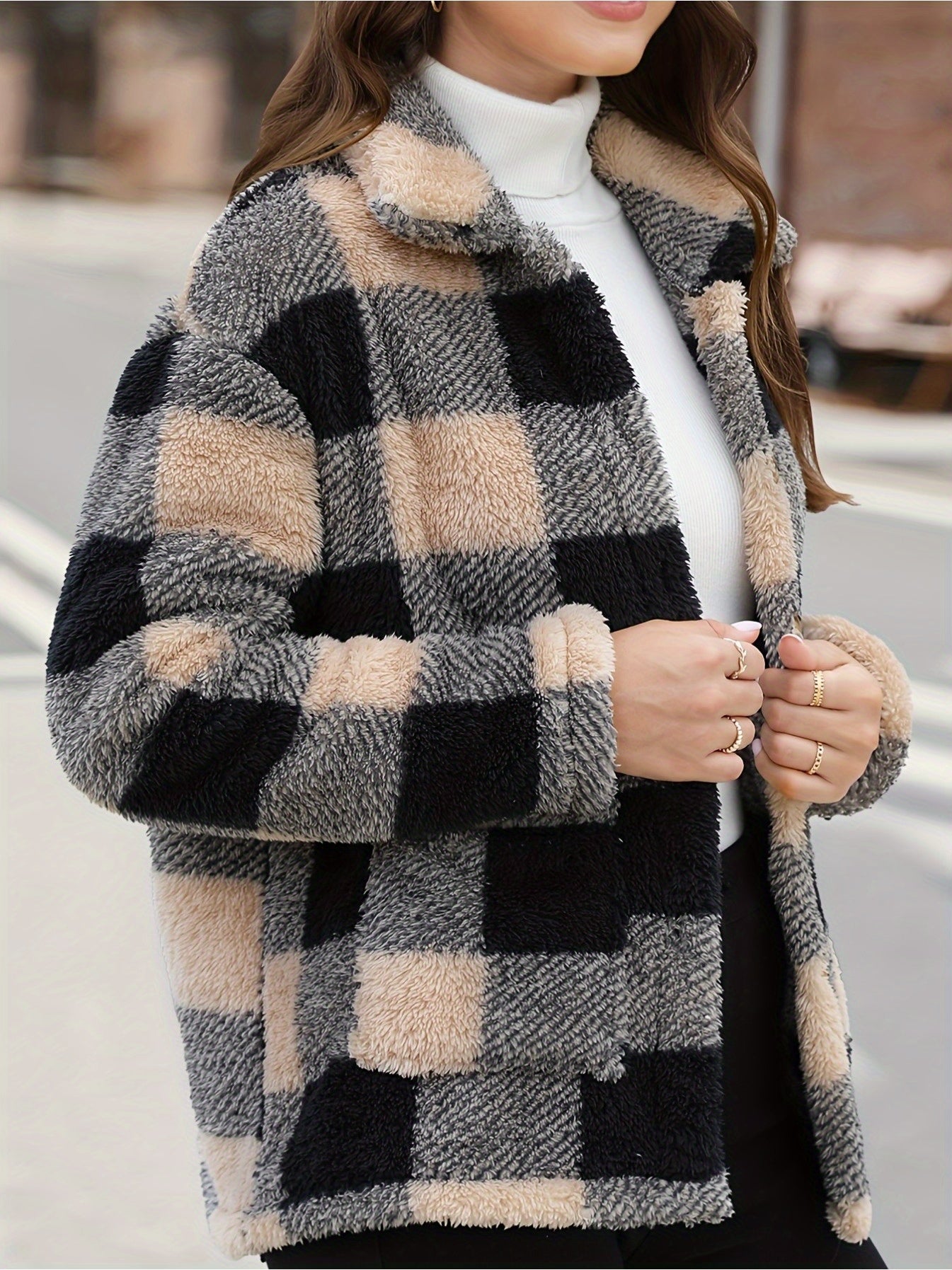 imms1k-9f - Womens Plaid Patchwork ButtonUp Coat with Pockets