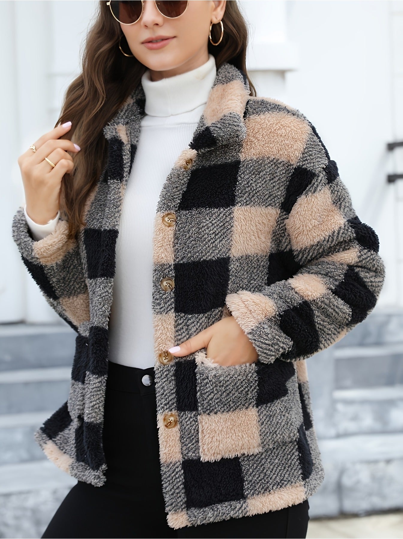 imms1k-9f - Womens Plaid Patchwork ButtonUp Coat with Pockets