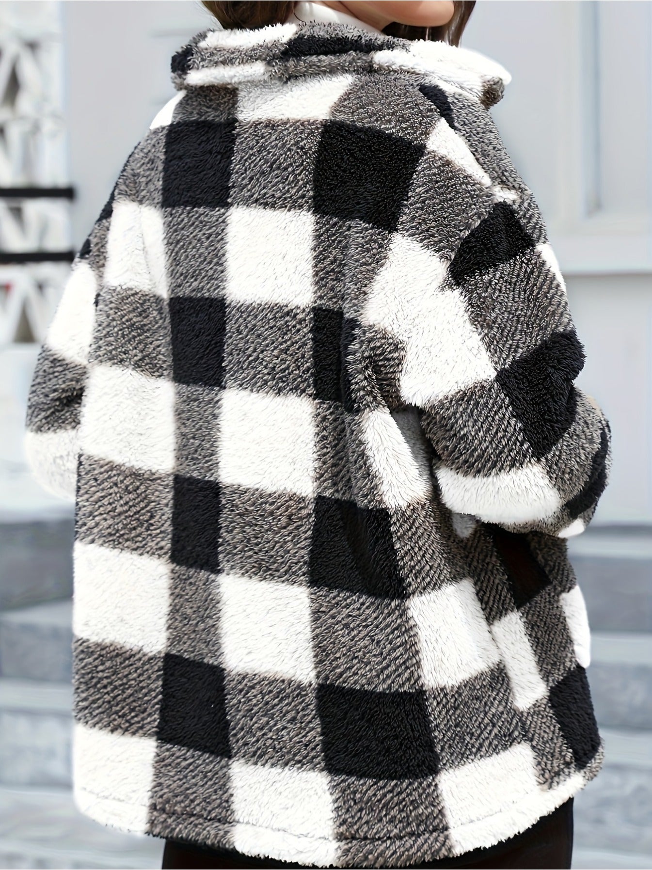imms1k-9f - Womens Plaid Patchwork ButtonUp Coat with Pockets