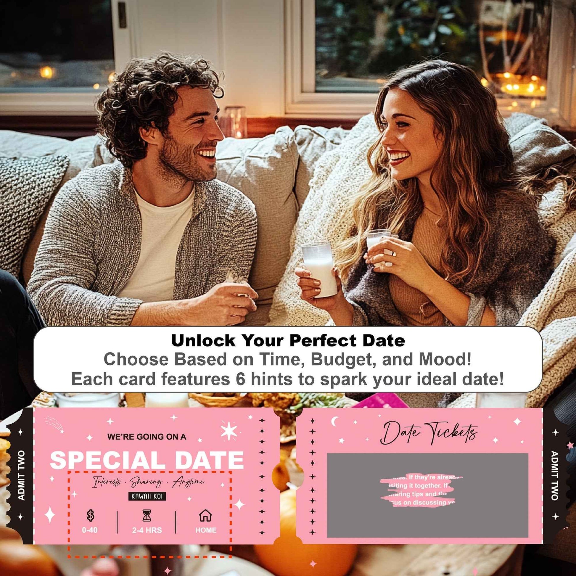 Zimonto couples date night scratch off game with ticket options and romantic couple enjoying their time