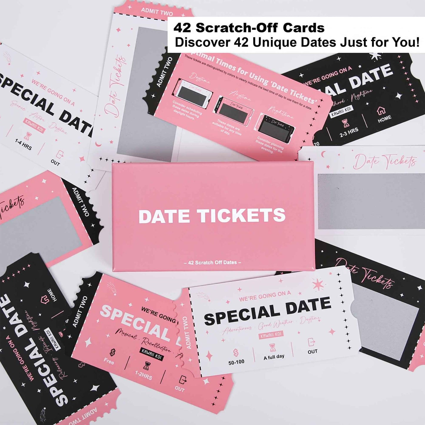 Zimonto couples date night scratch off game featuring 42 unique scratch-off date tickets in a stylish box
