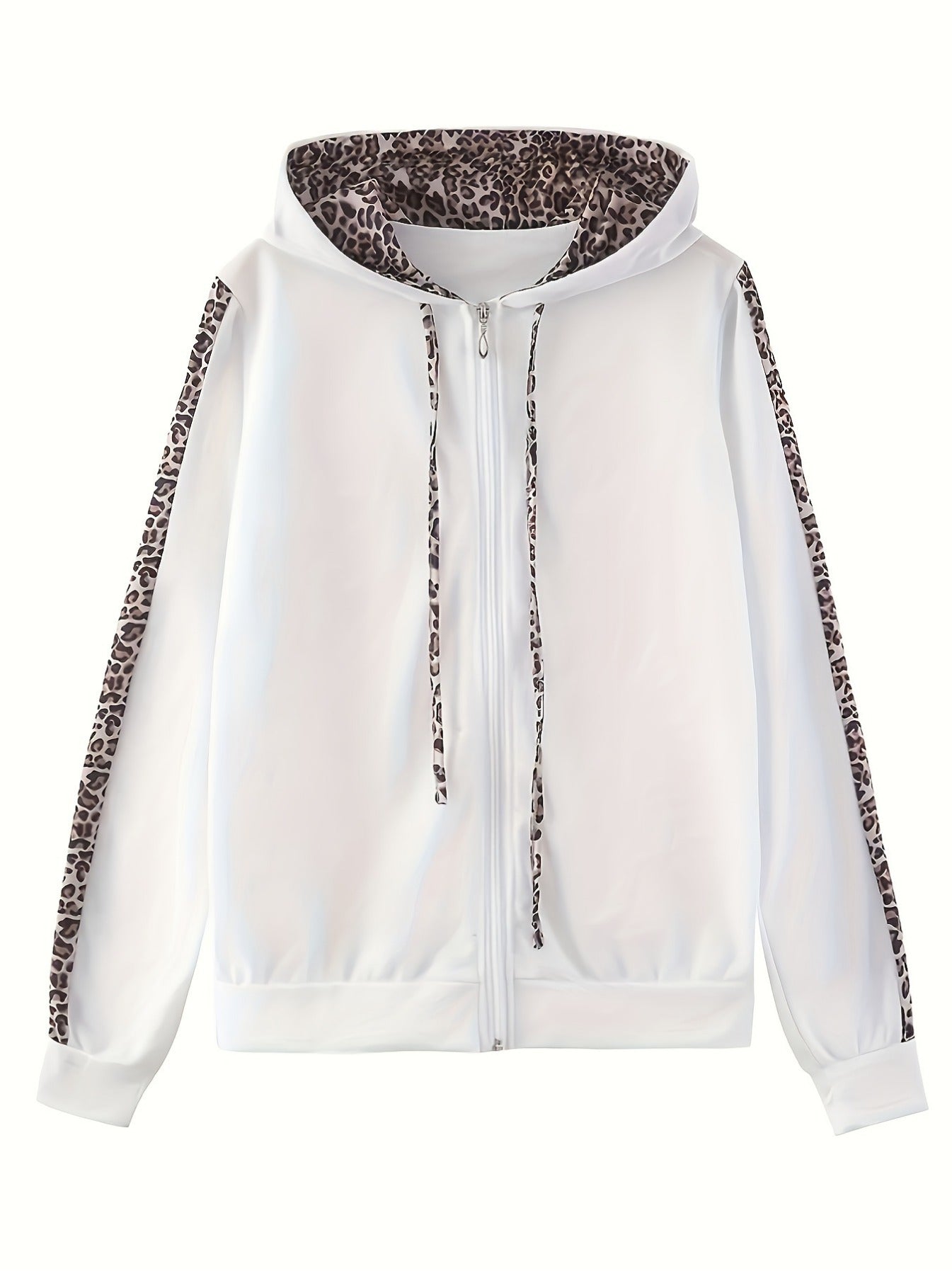 Leopard print hoodie jogger set in white with stylish leopard accents on sleeves and hood