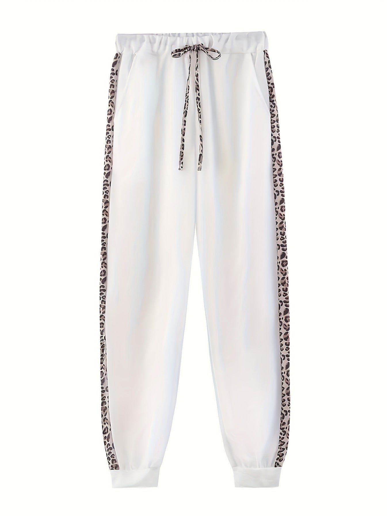 White jogger pants featuring a stylish leopard print hoodie jogger set with elastic cuffs