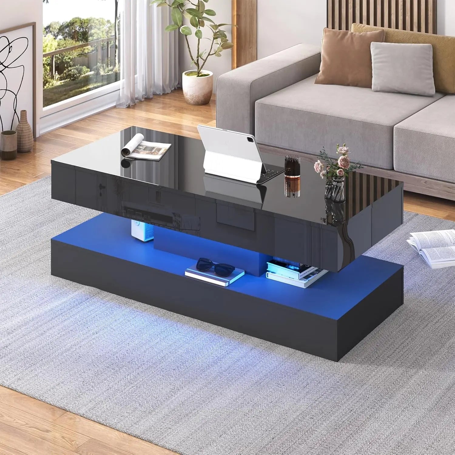 Zimonto Modern Black Coffee Table with LED Lighting and Glossy Finish for Stylish Living Rooms