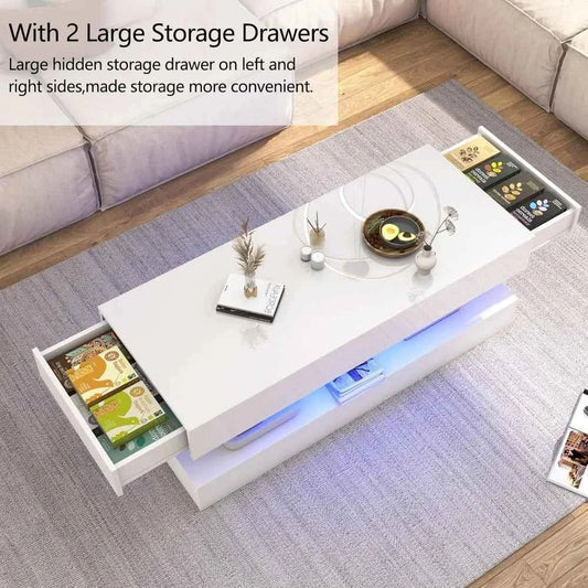 Zimonto modern coffee table with two large storage drawers and LED lighting for stylish living rooms