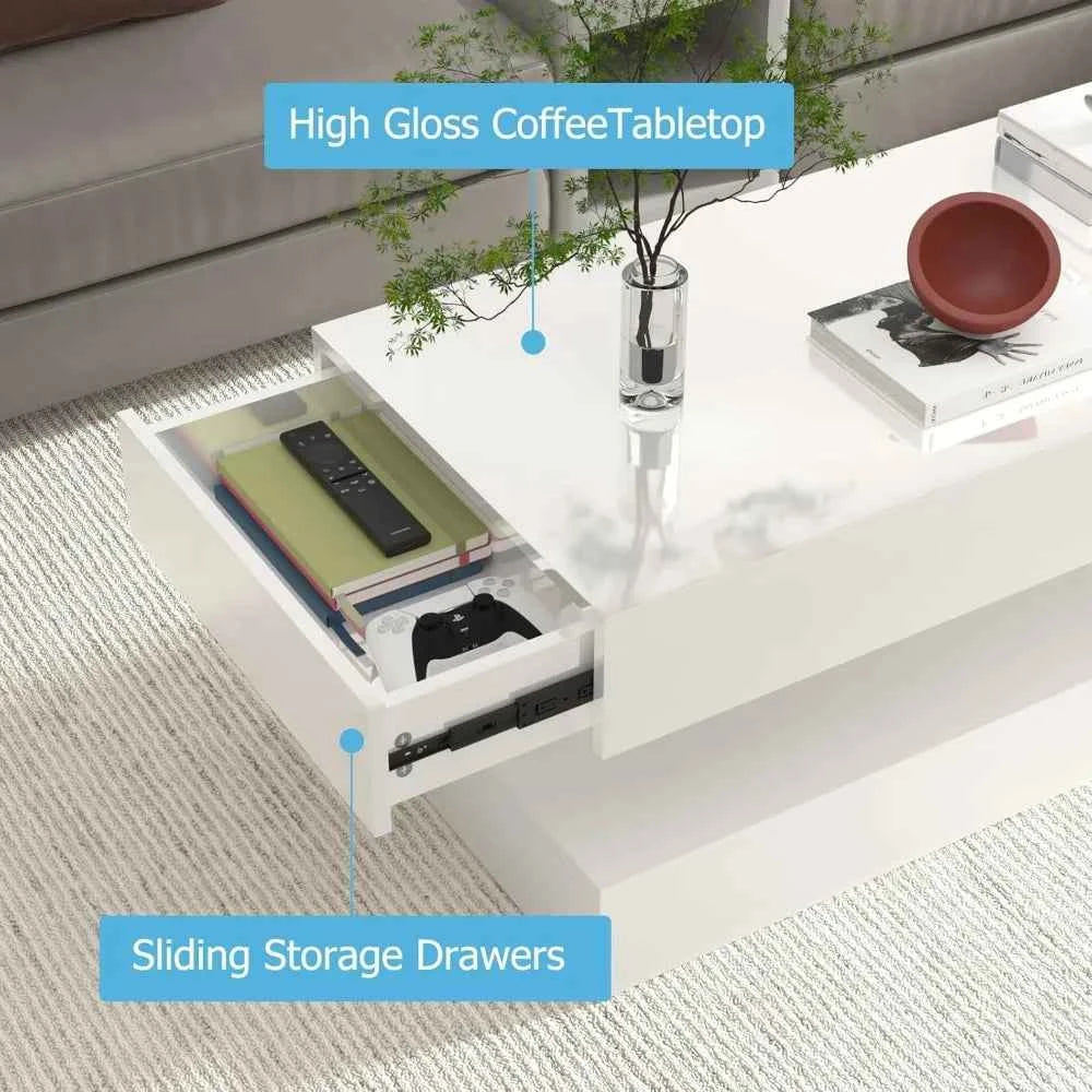 Zimonto High Gloss Coffee Table with Sliding Storage Drawers and Modern Design
