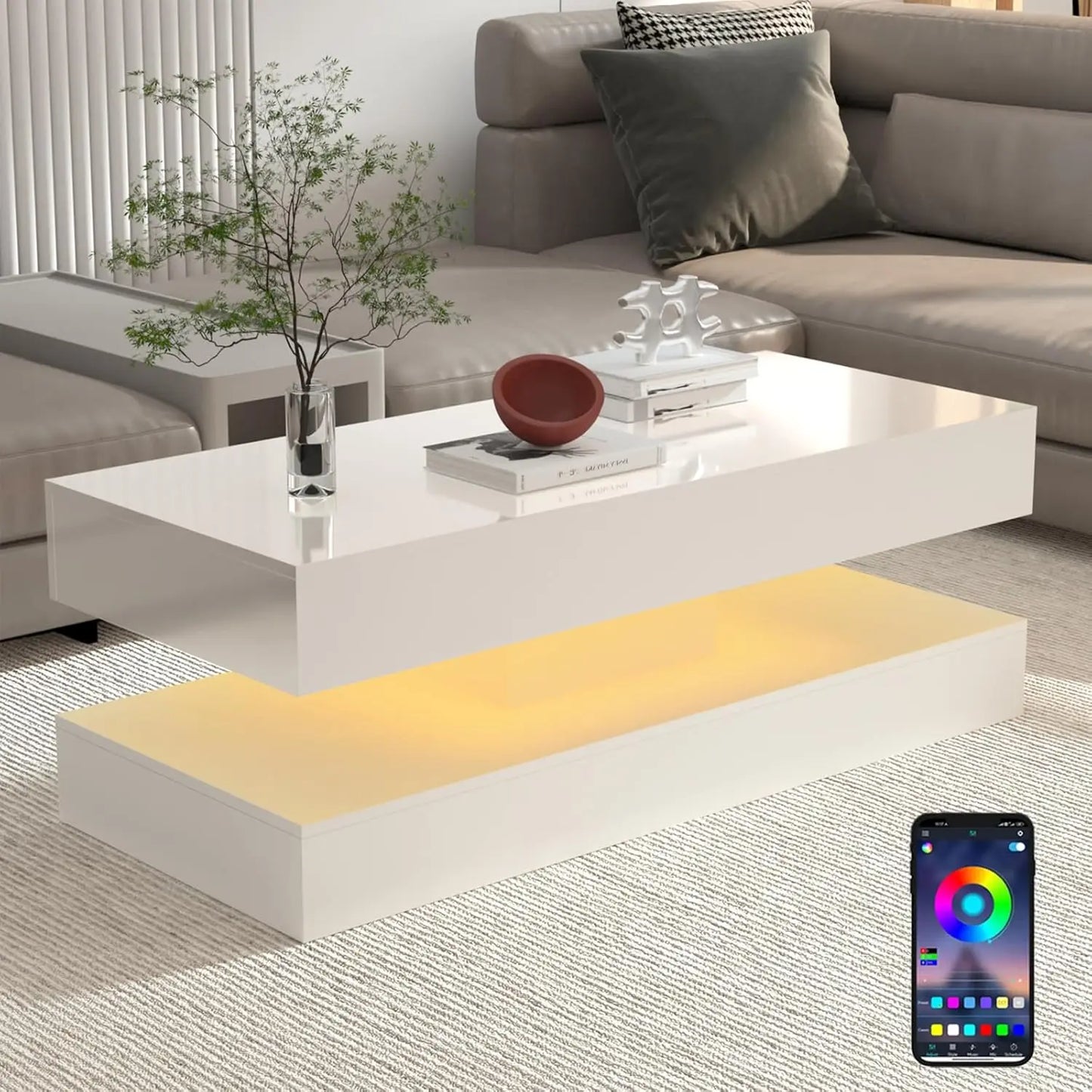 Zimonto Modern White Coffee Table with LED Base and Minimalist Design for Stylish Living Rooms