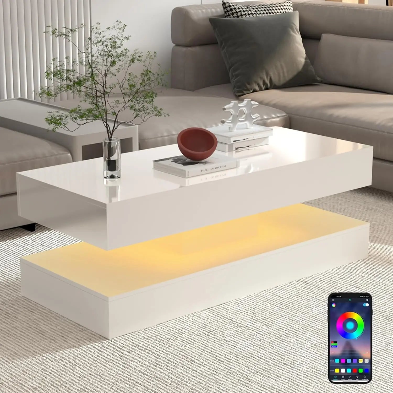 Zimonto Modern White Coffee Table with LED Base and Minimalist Design for Stylish Living Rooms