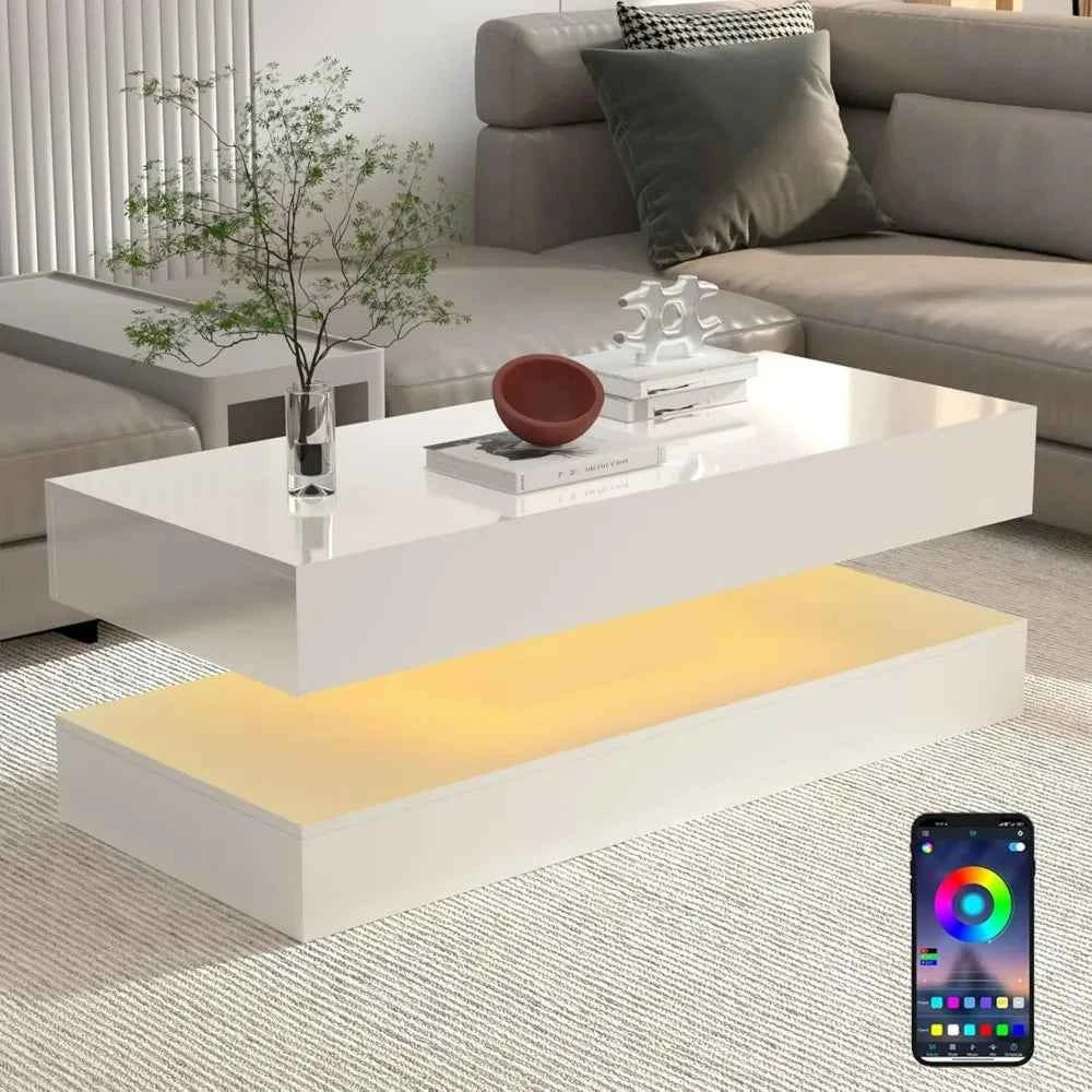 Zimonto Modern White Coffee Table with LED Lighting and Sleek Design for Contemporary Living Rooms