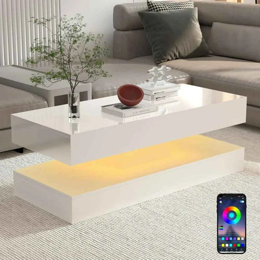 Zimonto Modern White Coffee Table with LED Lighting and Sleek Design for Contemporary Living Rooms