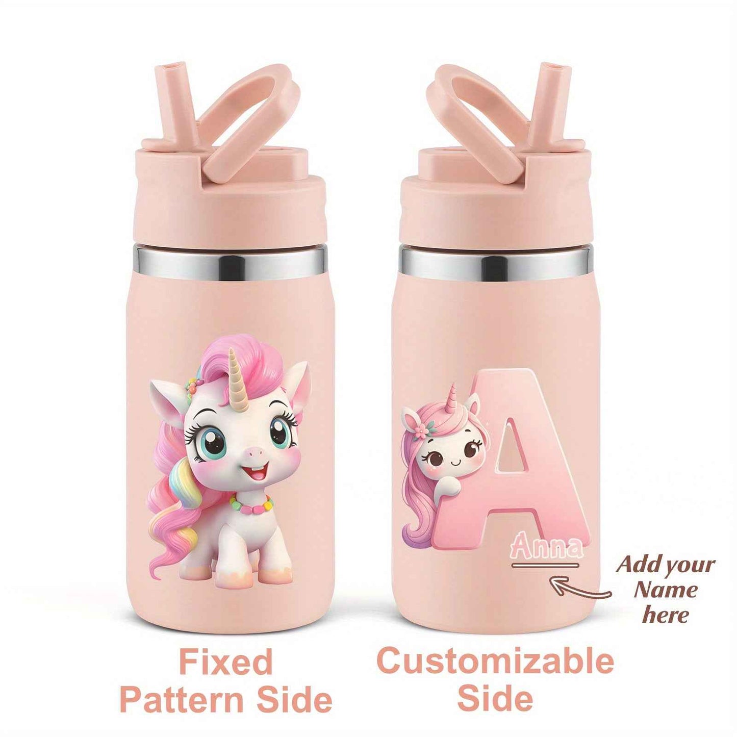 Personalized unicorn water bottle with a fixed pattern side and customizable name option