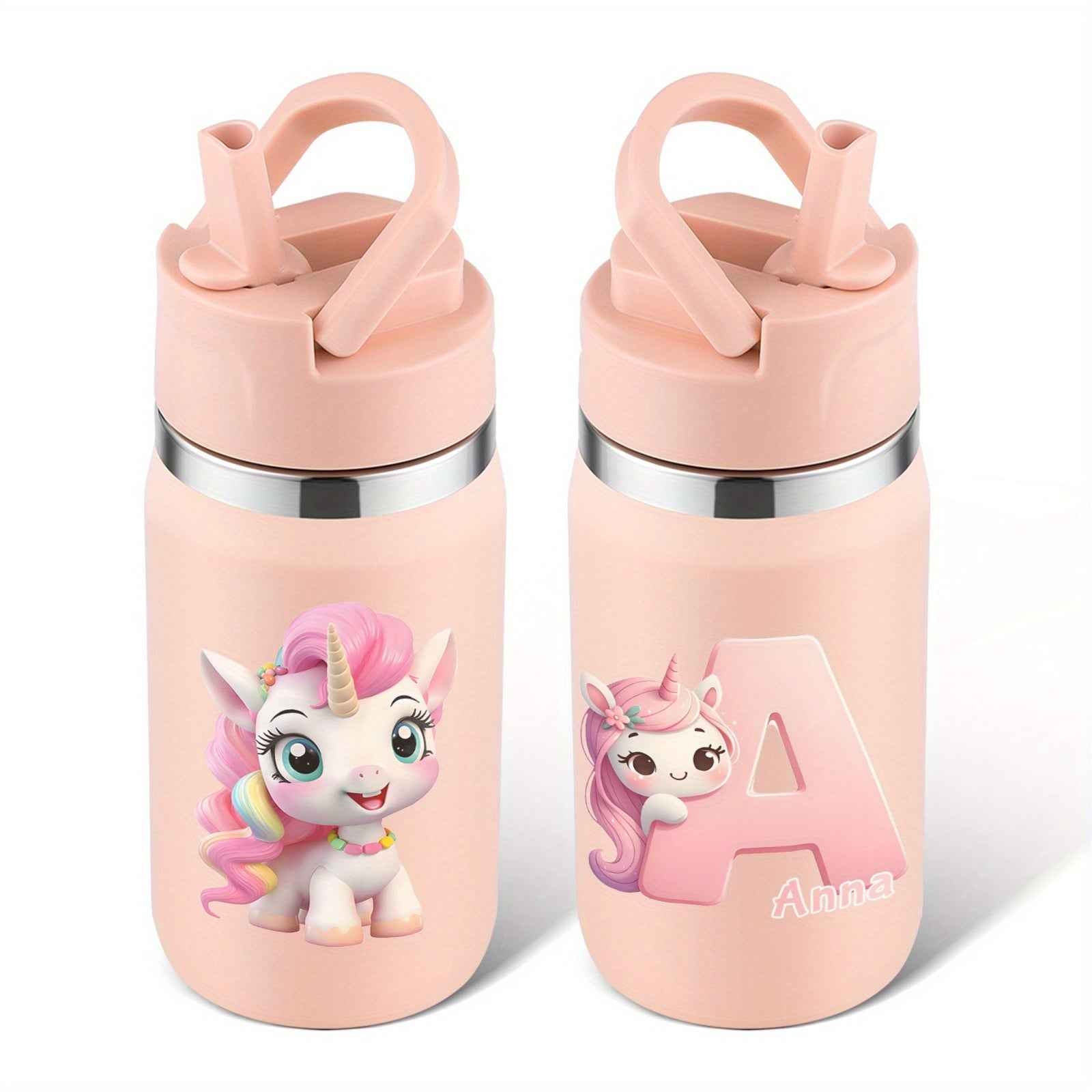 Personalized unicorn water bottle in pink featuring cute unicorn designs and custom name option