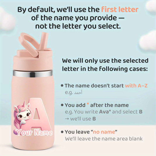 Personalized unicorn water bottle in pink with a cute unicorn graphic and customizable name area