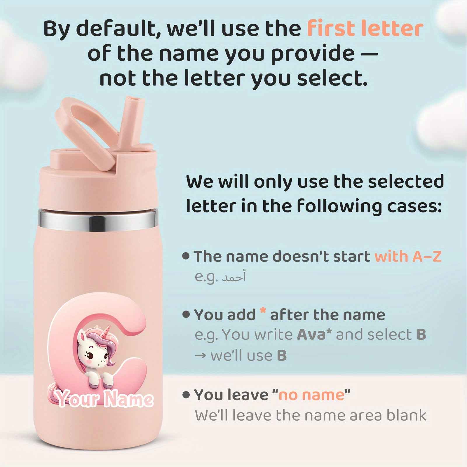 Personalized unicorn water bottle featuring a cute design and customizable name option