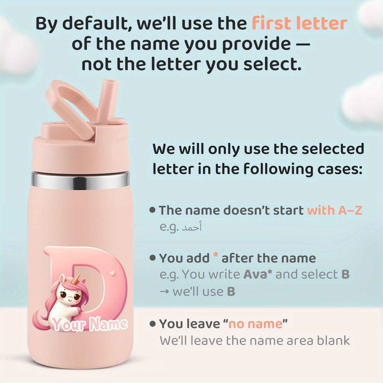 Personalized unicorn water bottle with a removable lid and custom name design