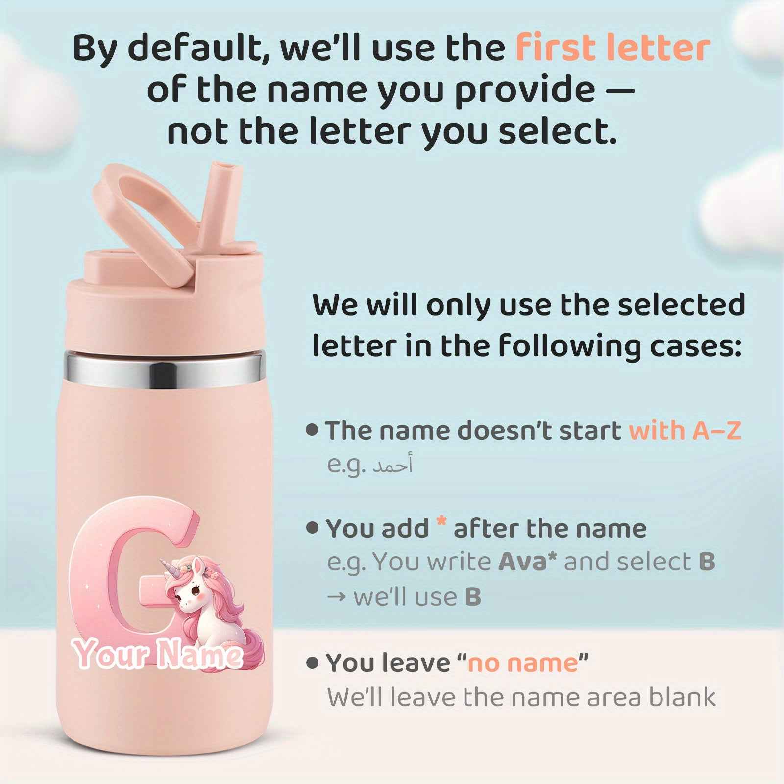 Personalized unicorn water bottle in pink with customizable name area and unicorn design