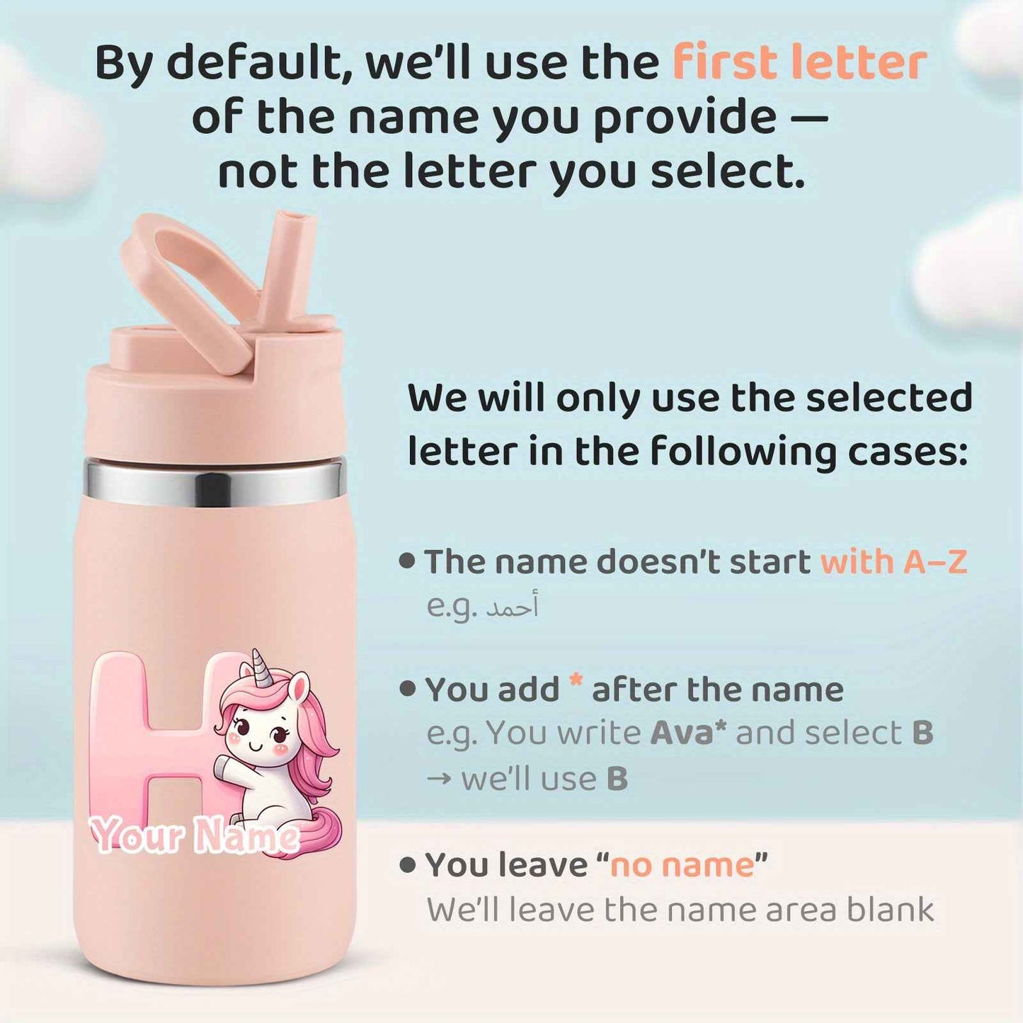 Personalized unicorn water bottle in pink with customizable name area for kids and fun enthusiasts