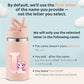 Personalized unicorn water bottle with customizable name area and pink design for kids