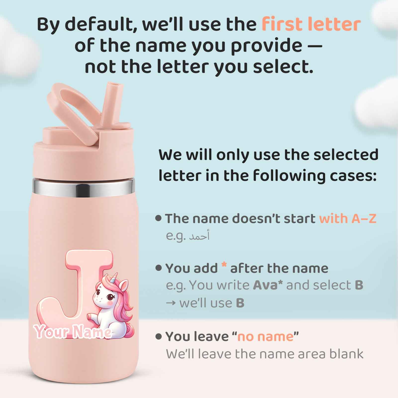 Personalized unicorn water bottle in pink with customizable name label and cute unicorn graphic