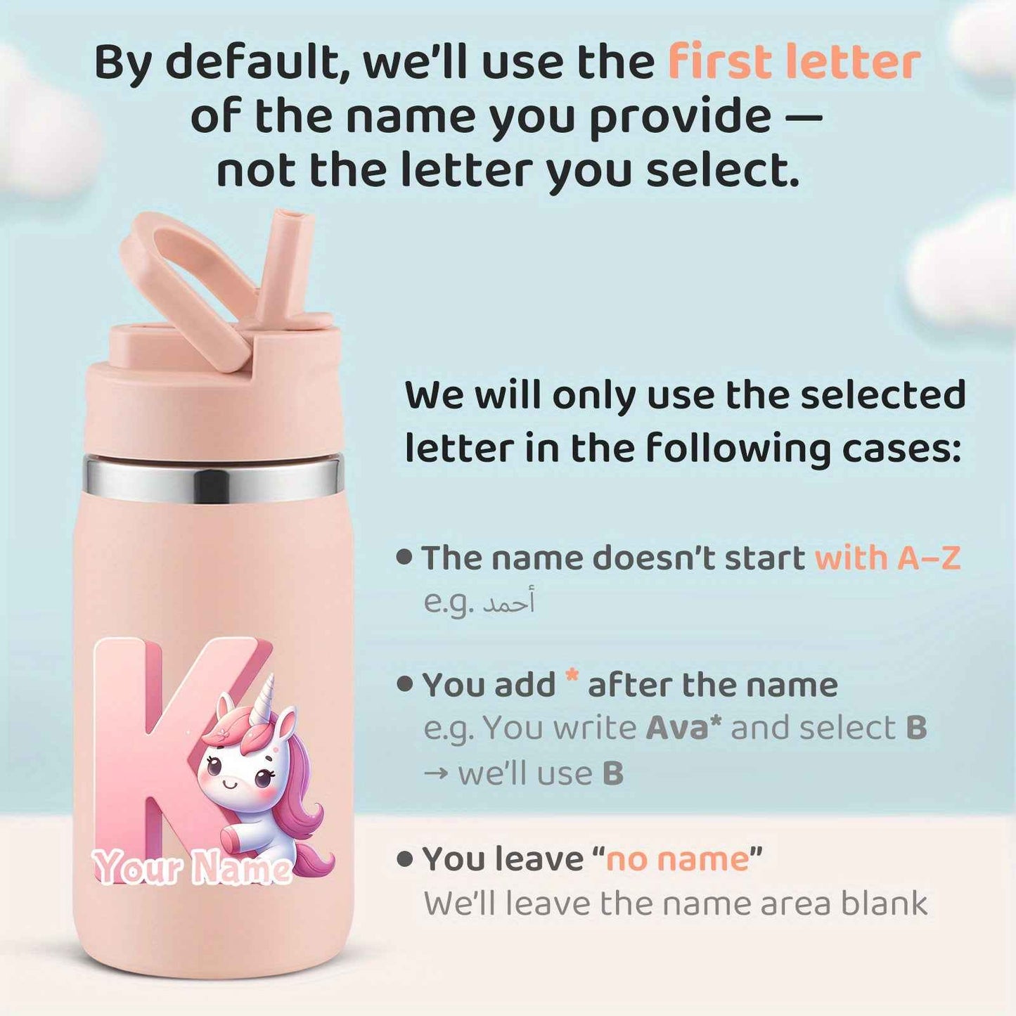 Personalized unicorn water bottle in pink with customizable name option for kids and adults