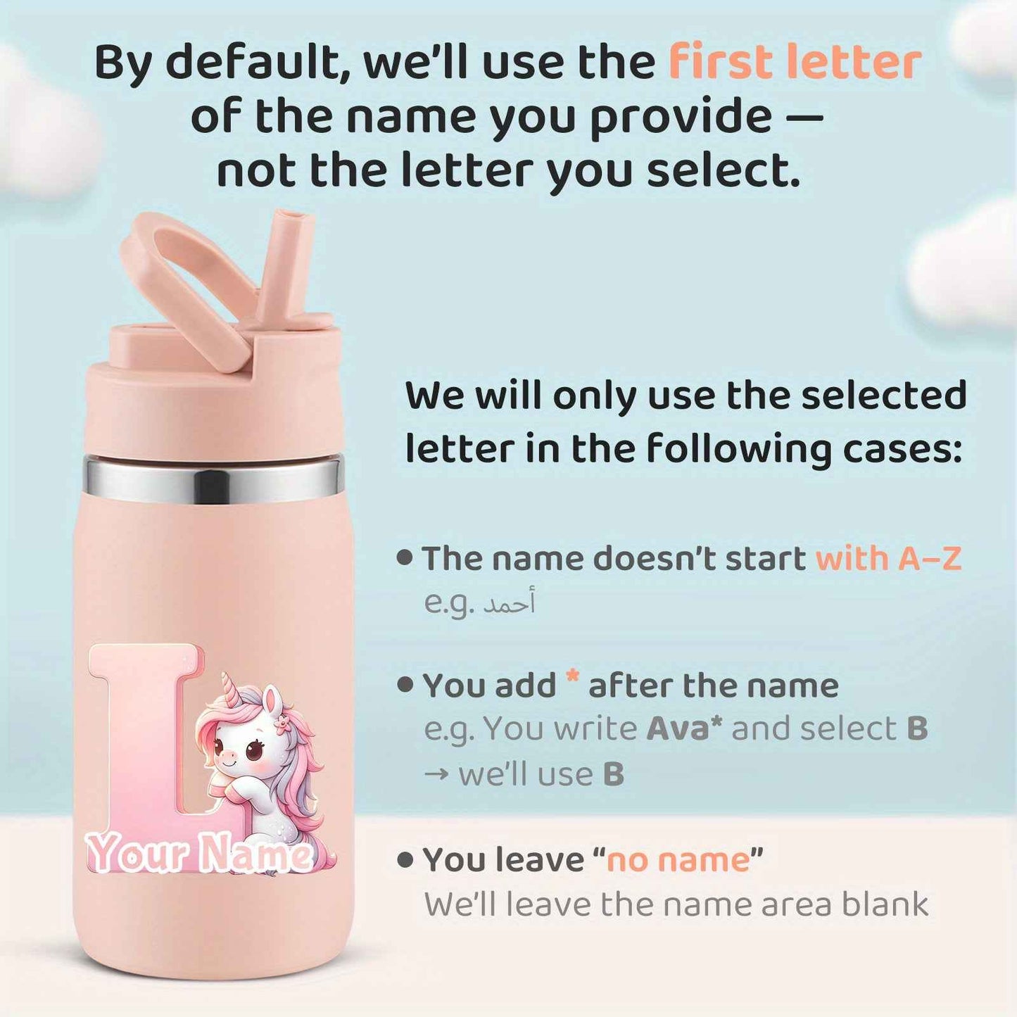 Personalized unicorn water bottle in pink with customizable name area and cute unicorn design