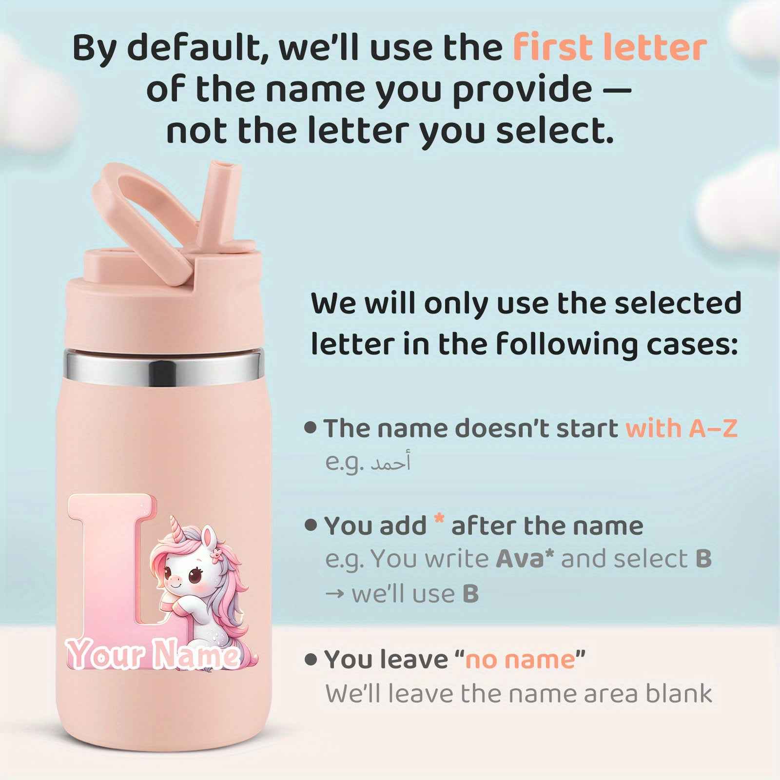 Personalized unicorn water bottle in pink with customizable name area and cute unicorn design