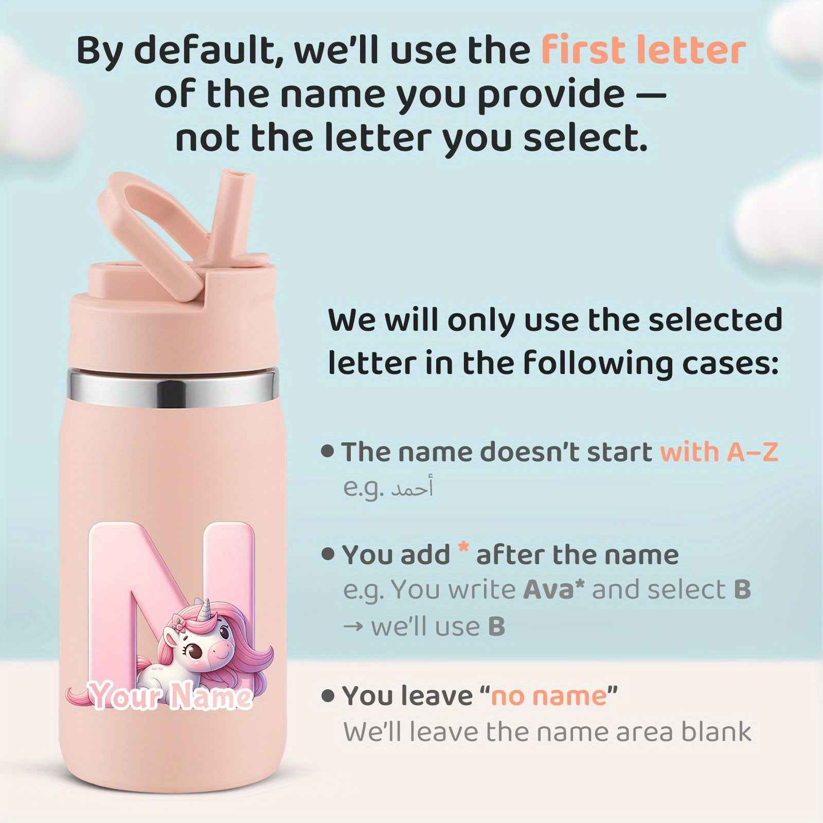 Personalized unicorn water bottle with a pink design featuring a unicorn and customizable name area