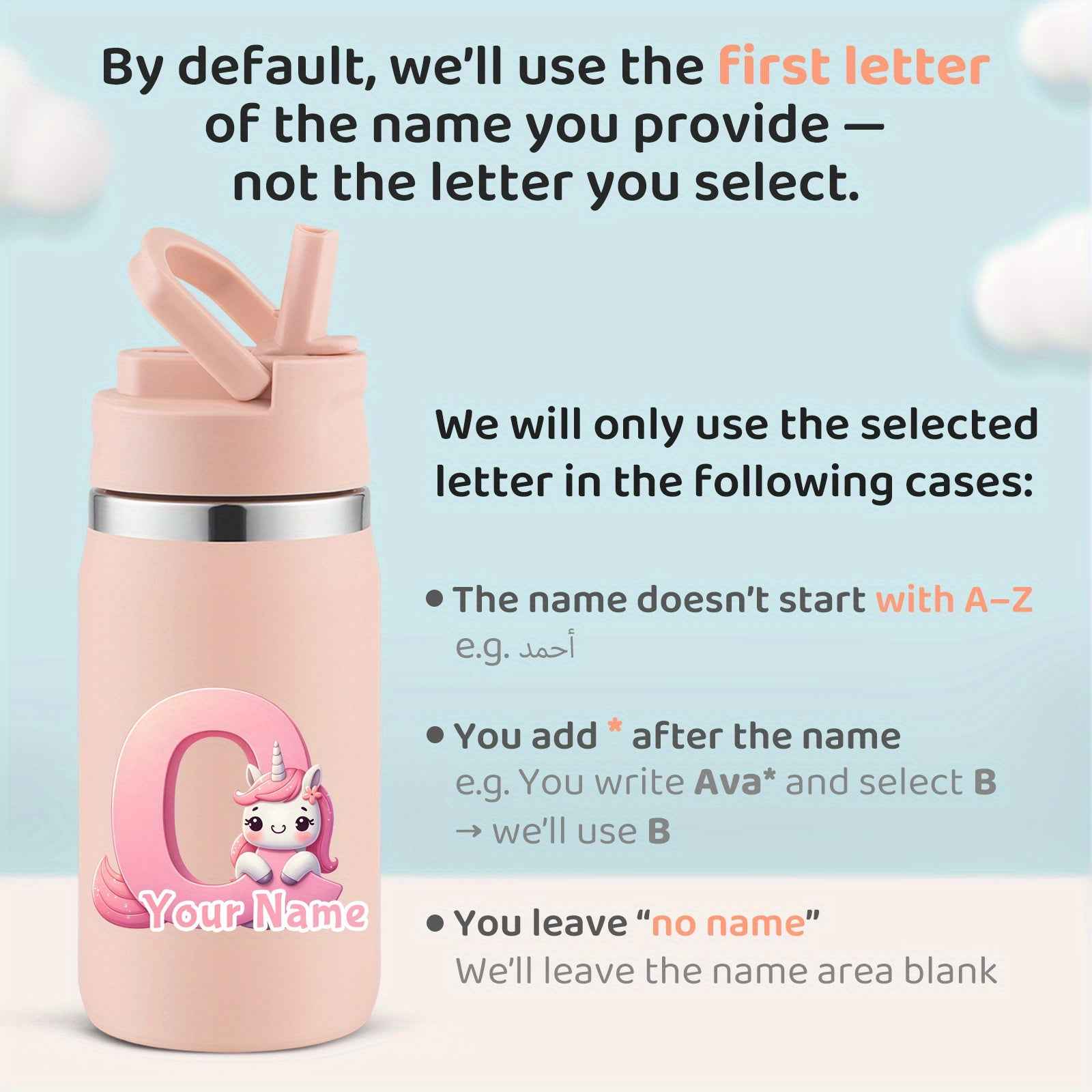 Personalized unicorn water bottle in pink with customizable name feature for kids