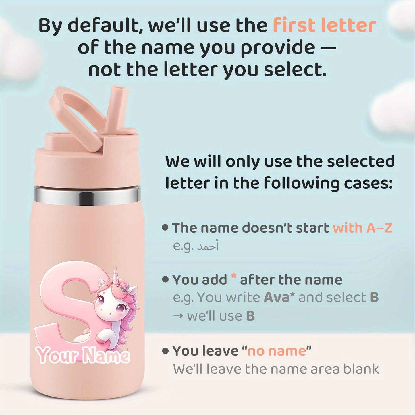 Personalized unicorn water bottle in pink with customizable name area and unicorn graphic