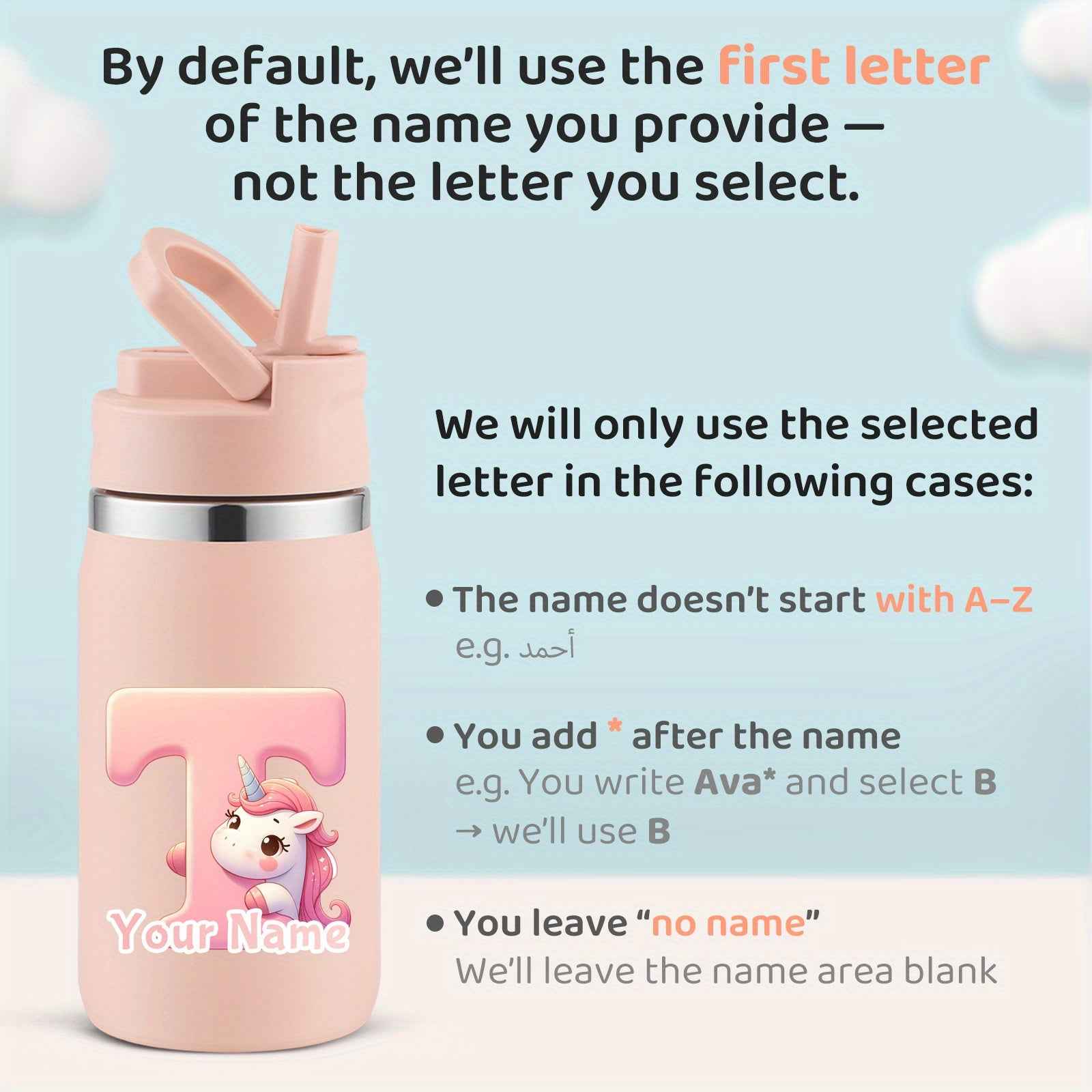 Personalized unicorn water bottle in pink featuring a customizable name area for kids