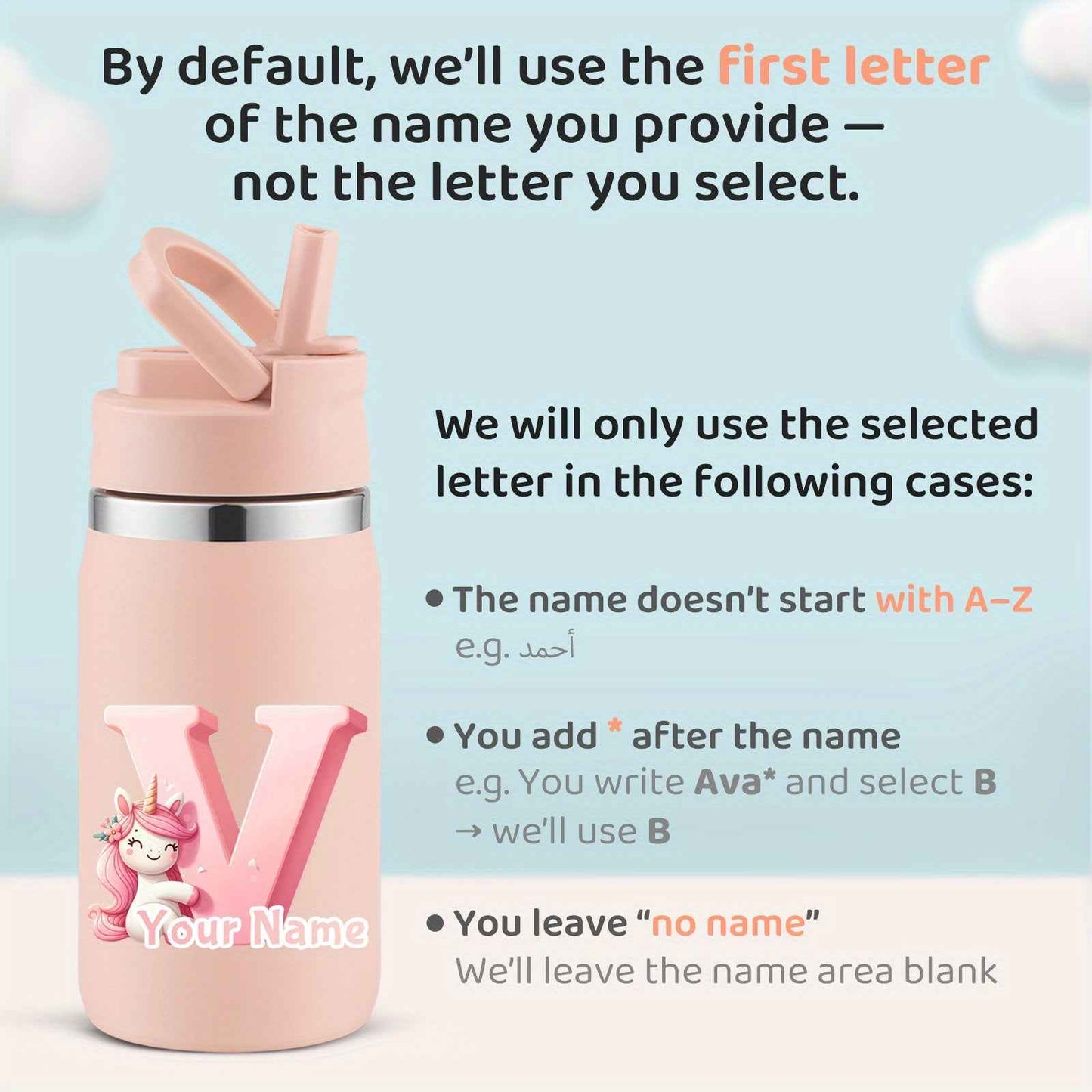 Personalized unicorn water bottle in pink with customizable name area and a unicorn graphic