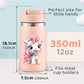 Personalized unicorn water bottle in pink with cute unicorn design and 350ml capacity for kids