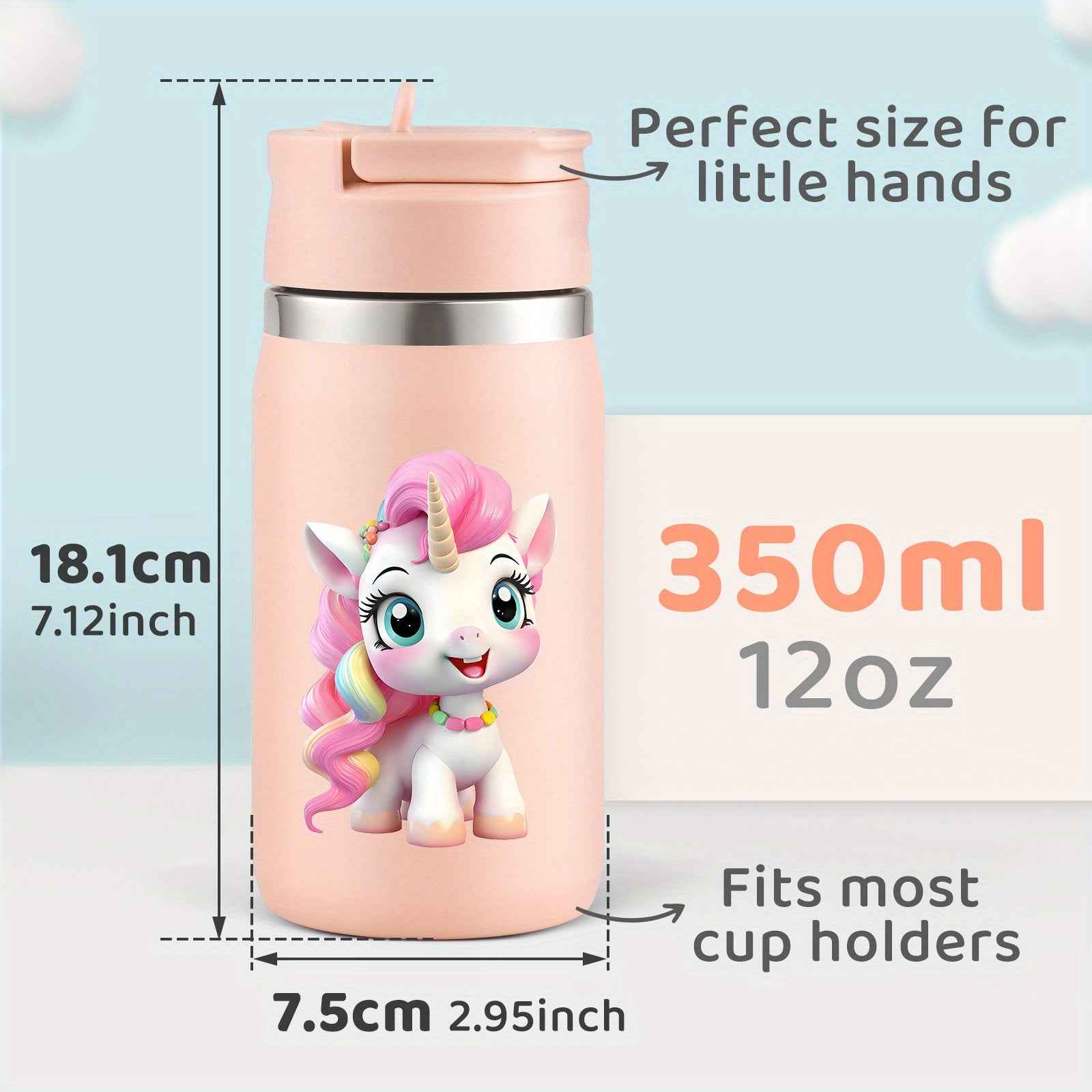 Personalized unicorn water bottle in pink with cute unicorn design and 350ml capacity for kids
