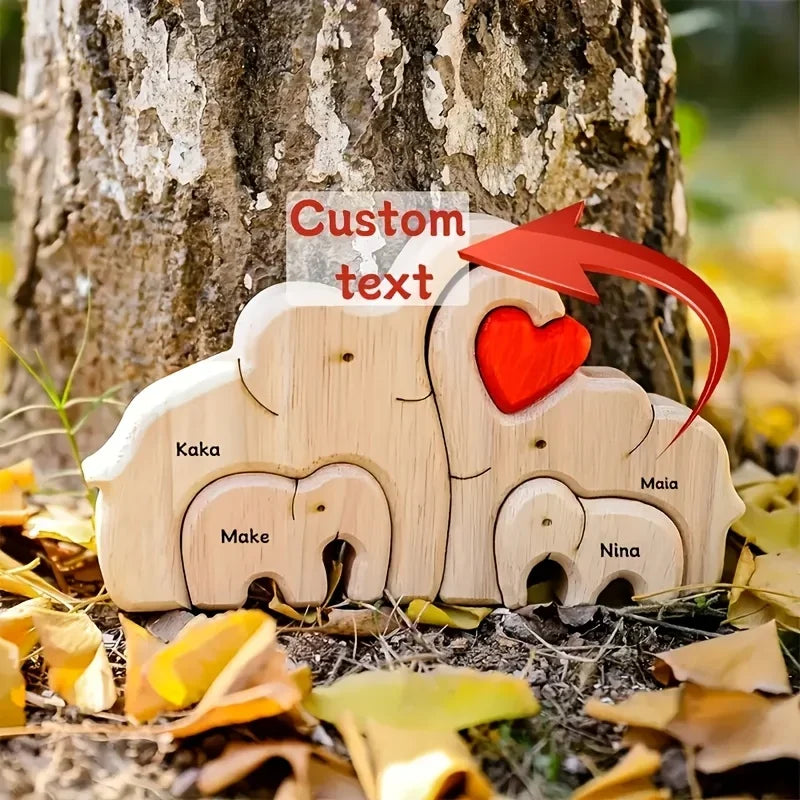 Personalized wooden elephant family sculpture with custom text options for a unique decoration