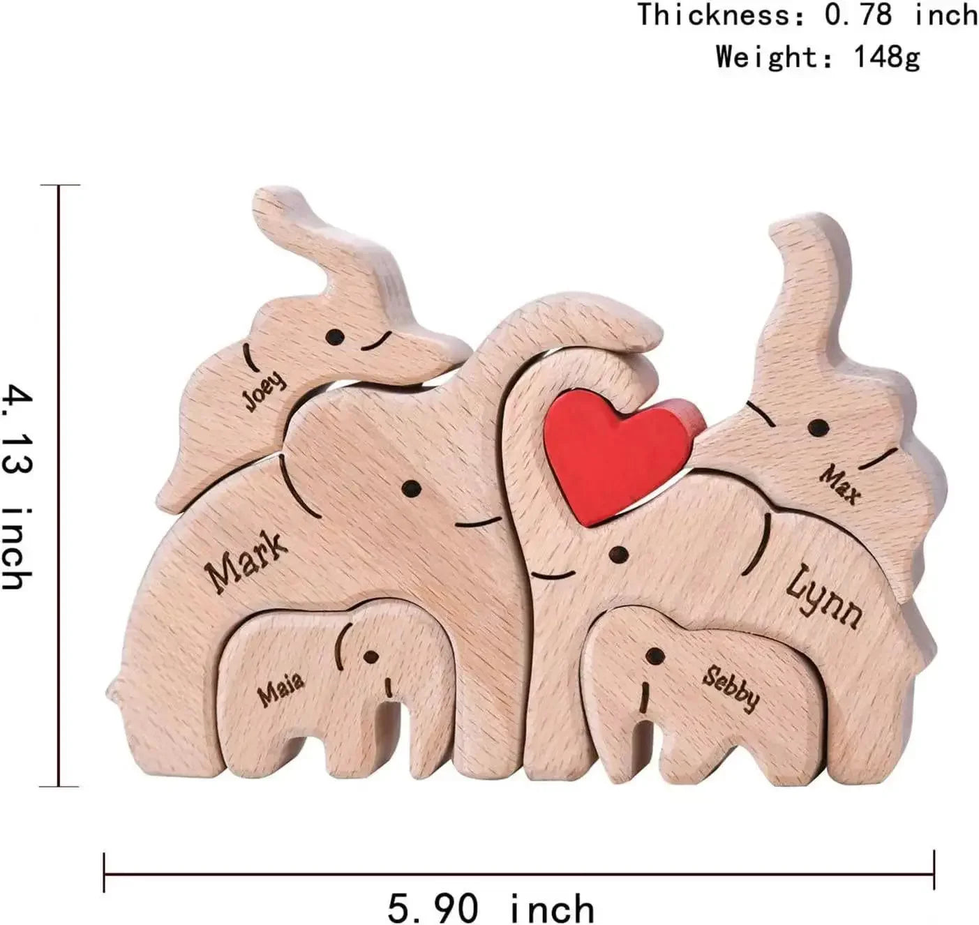 Personalized wooden elephant family sculpture featuring five cute elephants with names and a heart in red