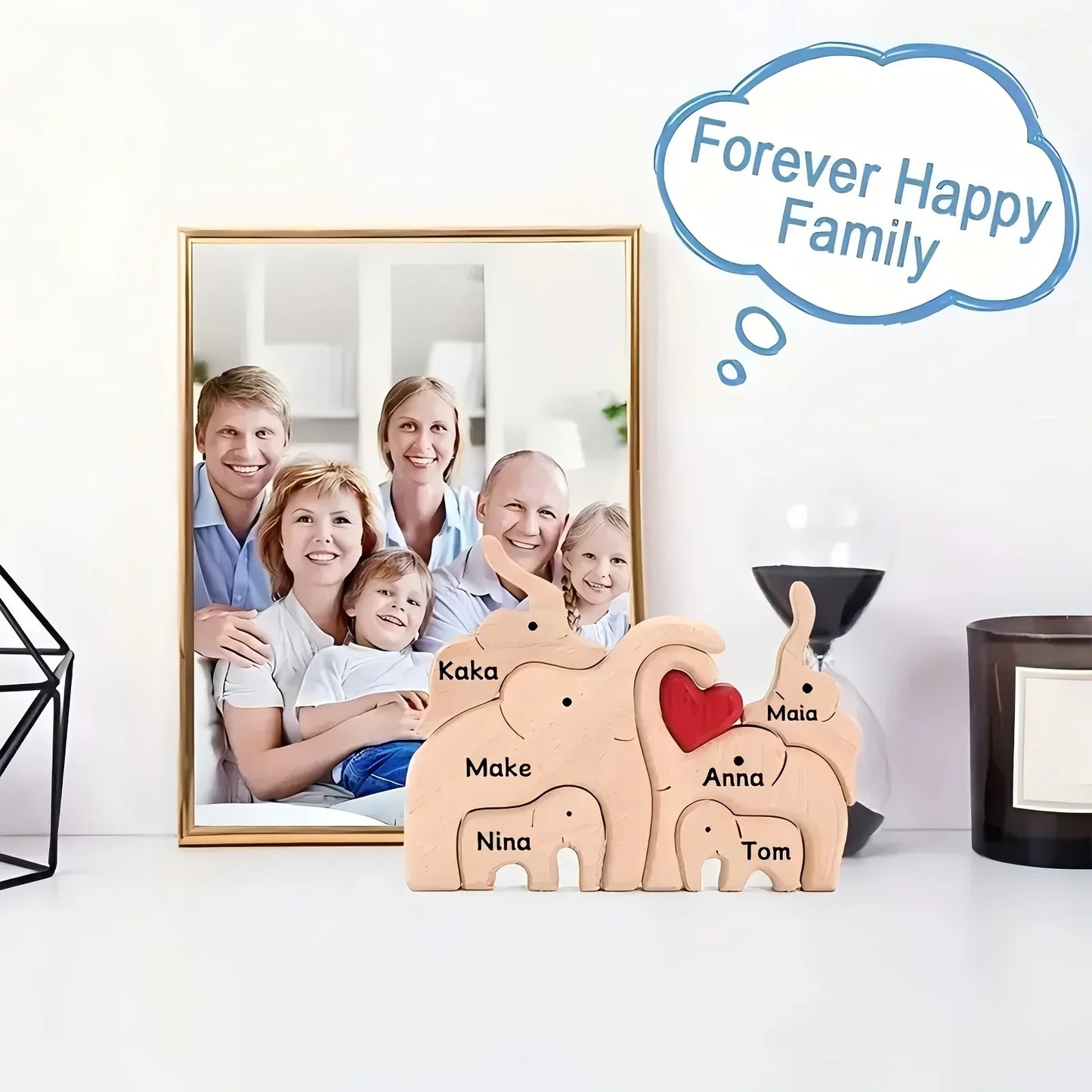 Personalized wooden elephant family sculpture with names and heart detail, perfect for family decor
