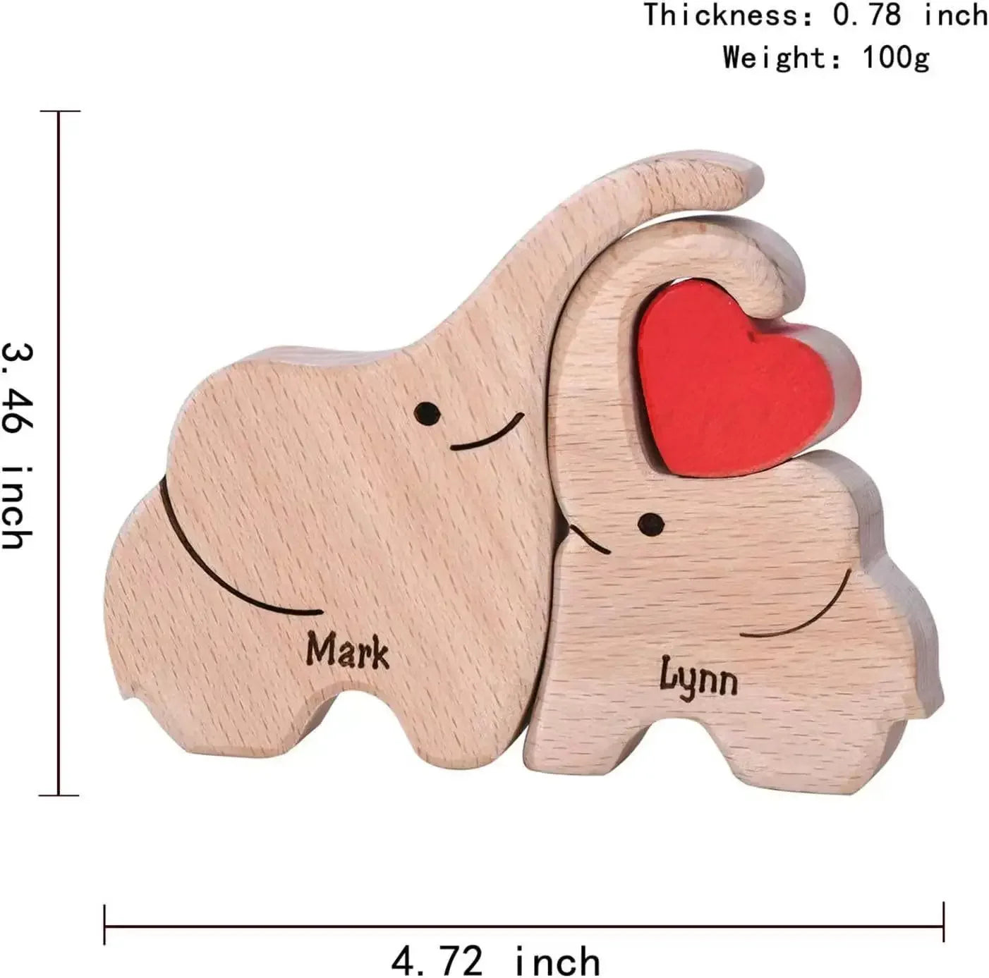Personalized wooden elephant family sculpture featuring two elephants with names Mark and Lynn